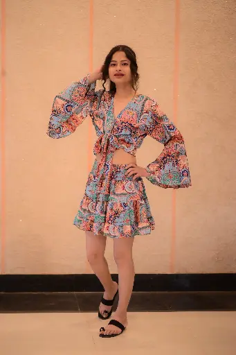 Boho Chic Tie-Front Top & Ruffle Skirt Co-ord Set